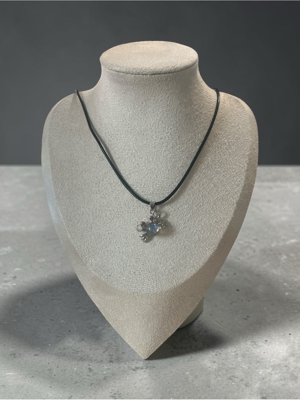 S925 Sterling Silver & Genuine Moonstone Crab Pendant Necklace - Black Cord
